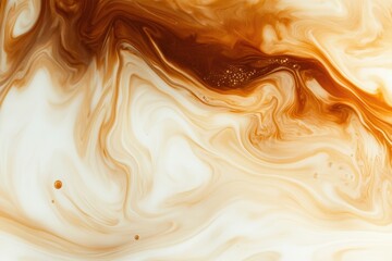 Aufkleber - Swirling coffee merges with milk creating an abstract pattern in warm tones on a blurred background. Generative AI