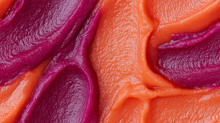 a close-up, top-down view, texture background of carrot-beet puree filling the frame with its rich orange-purple color and smooth texture