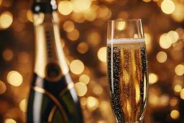 Poster - A bottle of champagne and a sparkling wine flute set against a festive golden background for a celebratory moment. Generative AI