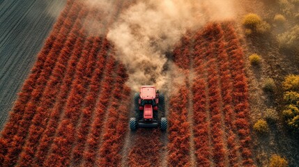 An aerial view of a red tractor working in a field of red crops, kicking up dust as it moves.