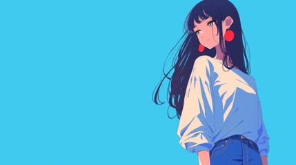  anime girl with long black hair and red earrings, dressed in jeans and a white shirt with light blue stripes on the shoulders