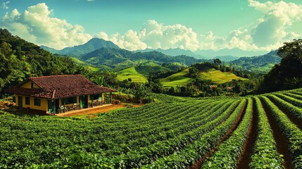 Poster - A quaint farmhouse sits amidst rolling green hills and a lush coffee plantation, with a backdrop of majestic mountains and a clear blue sky.