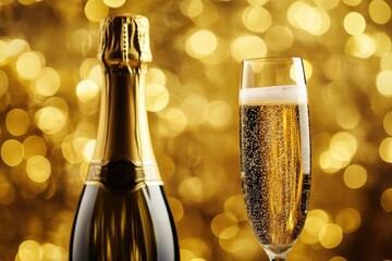 Aufkleber - Celebrate with a bottle of champagne and a flute glass of sparkling wine against a festive golden background. Generative AI