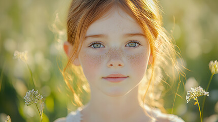 Red-haired girl with freckles in her pre-teen years, posing cutely against a dreamy nature bokeh background, capturing the delightful essence of childhood beauty and happiness