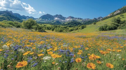 Canvas Print - A vibrant meadow with yellow and purple wildflowers in the foreground, rolling green hills and snow-capped mountains in the background under a clear blue sky.