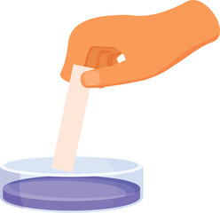 Poster - Hand holding a piece of litmus paper over a petri dish containing blue liquid