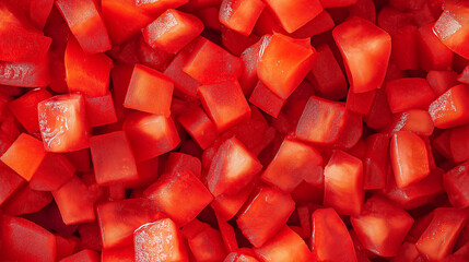 a close-up, top-down view, texture background of diced tomatoes spread across the entire frame, filling the image with their vibrant red color and juicy texture in uniform cubes