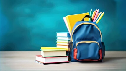 Aufkleber - Blue backpack is standing near a stack of books on a wooden desk against a blurred blue background. This image evokes back to school memories and the excitement of a new academic year