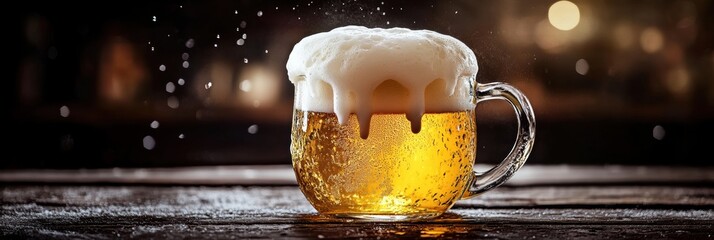 Aufkleber - A close-up of a frothy beer mug spilling over, resting on a rustic wooden table in a cozy pub setting. Generative AI
