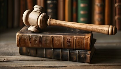 Wooden gavel placed atop large legal books