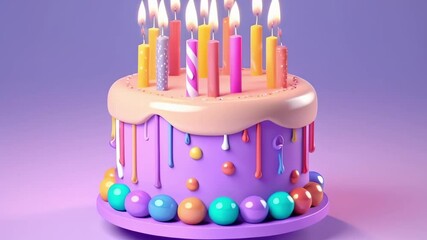 Aufkleber - Festive 3d illustration of a cake with dripping icing and burning candles, perfect for adding a touch of sweetness to birthday projects