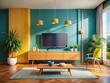 © Supittra - Modern Living Room with Blank Screen Television Mock Up on Cabinet for Interior Design Concepts