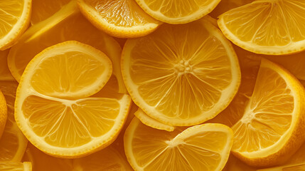 Wall Mural - a close-up, top-down view, texture background of lemon wedges spread across the entire frame, filling the image with their bright yellow color and textured rind