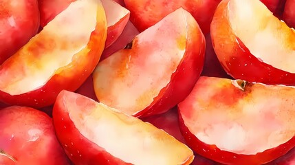 A close-up, detailed watercolor painting pattern of red apple wedges with a crisp texture, glossy surface, subtle gradient of colors from red to yellow, rendered in vibrant natural color