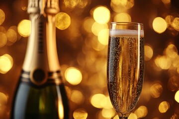 Aufkleber - Celebrate with a bottle of champagne and a sparkling wine flute, perfect for a festive evening at home or an upcoming gathering. Generative AI