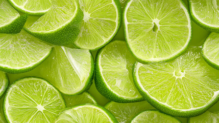 Wall Mural - a close-up, top-down view, texture background of lime wedges spread across the entire frame, filling the image with their bright green color and textured rind