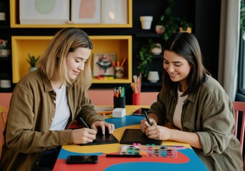 Two Women Using Tablets and Pens