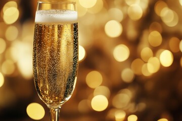 Poster - A sparkling flute glass filled with champagne beside an elegant bottle, perfect for celebrations at a festive gathering. Generative AI