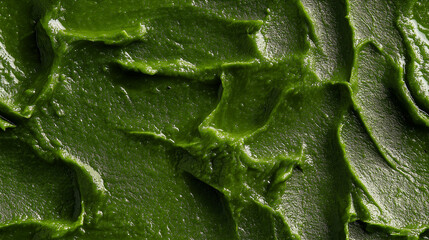 Wall Mural - a close-up, top-down view, texture background of molokhia puree spread across the entire frame, featuring its deep green color and smooth texture