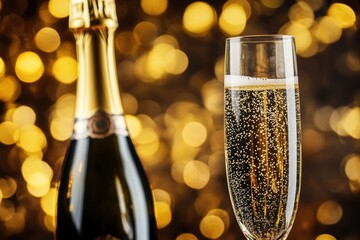 Poster - Celebrate special moments with champagne and a sparkling wine flute against a golden bokeh background for added elegance. Generative AI