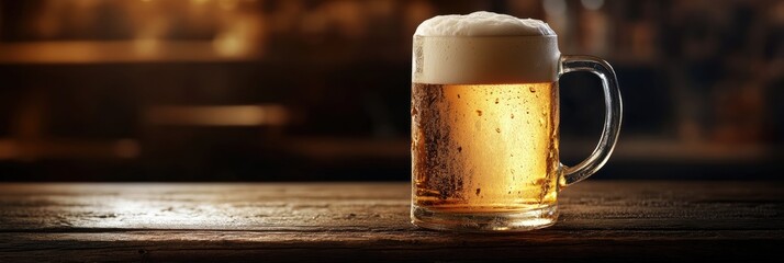 Aufkleber - Frothy mug of beer overflowing with foam on a rustic wooden table in a dimly lit pub atmosphere. Generative AI