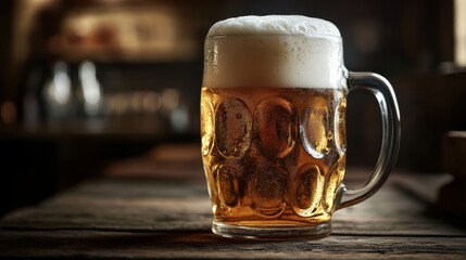 Aufkleber - A frothy beer mug overflowing with foam sits invitingly on a rustic wooden table in a cozy pub setting. Generative AI
