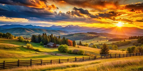  Rustic Western Landscape with Rolling Hills, Open Sky, and Distant Mountains in Warm Sunset Glow