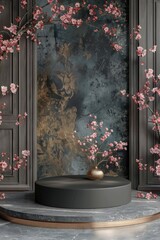 Poster - Elegant floral arrangement on a minimalist pedestal in a serene, modern interior with cherry blossom accents. Generative AI