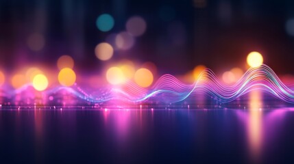 Poster - Dynamic waveforms of virtual reality flow across a transparent grid, illuminated in vibrant purple and blue hues, symbolizing the evolving landscape of technology