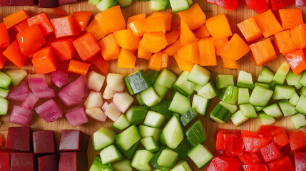 Wall Mural - a close-up, top-down view, texture background of various diced vegetables arranged neatly on a wooden cutting board, showcasing their vibrant colors and uniform textures