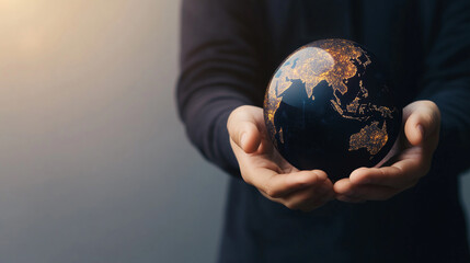 Person holding globe illuminated with city lights, symbolizing global connection and responsibility. warm lighting adds hopeful atmosphere