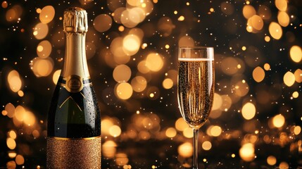 Poster - A festive celebration featuring a chilled bottle of champagne and a sparkling wine flute amidst a backdrop of shimmering lights. Generative AI