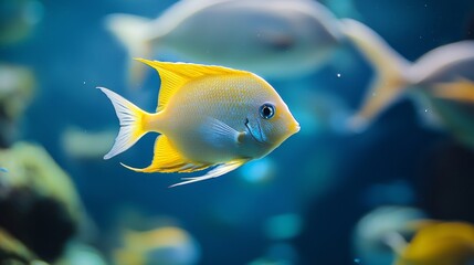 Yellow tropical fish swimming in a blue ocean environment