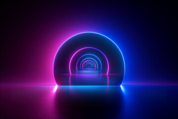 Wall Mural - 3d render, blue pink neon arcade, ultraviolet light, 80's retro style, fashion show stage, abstract 