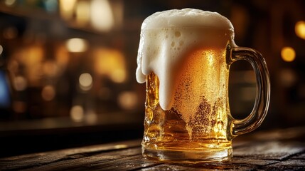 Poster - Frothy beer mug overflowing with foam on a rustic wooden table, perfect for a cozy gathering in a local pub setting. Generative AI