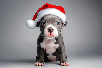 Pitbull puppy wears a Santa Claus cap isolated on a gray background. Christmas pet shop banner or creative New Year's advertising concept with copy space. Dog Santa Claus.