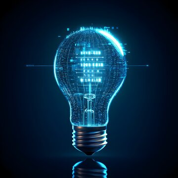 A light bulb integrated with digital circuit lines and binary digits, floating on a minimalist flat background, symbolizing ideas in the digital age