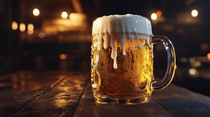 Poster - A frothy beer mug brimming with foam, resting on a rustic wooden table in a warm, inviting pub setting at night. Generative AI