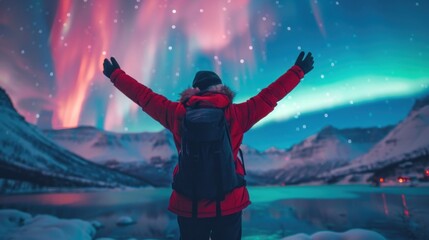 Wall Mural - A Norwegian Lofoten Islands Mountains with the Northern Lights and a frozen sea A nighttime scene in the winter. Travel to Norway.