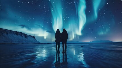Wall Mural - A Norwegian Lofoten Islands Mountains with the Northern Lights and a frozen sea A nighttime scene in the winter. Travel to Norway.