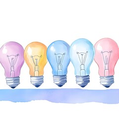 Bright watercolor bulbs arranged in a line, each bulb glowing with increasing intensity, illuminating a vibrant background, symbolizing the progression of thoughts