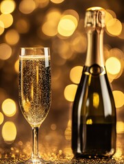 Poster - Celebrating a special occasion with a chilled bottle of champagne and a sparkling flute glass on a festive backdrop. Generative AI