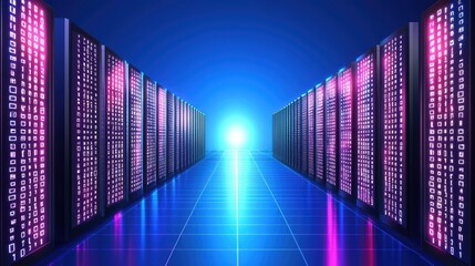 Poster - Futuristic data center with illuminated servers in a high-tech environment. Colorful lights illuminate the pathway leading towards a bright core.