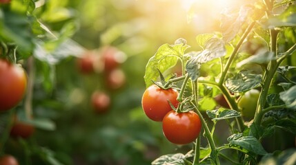 Wall Mural - Fresh Red Tomatoes Growing on a Vine in Sunlight