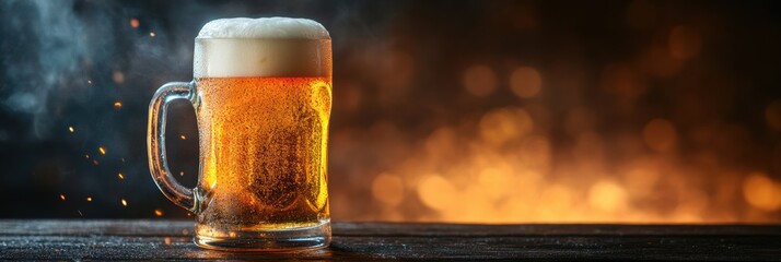 Aufkleber - A close-up of a frothy beer mug overflowing with foam on a rustic wooden table, perfect for a cozy gathering moment. Generative AI