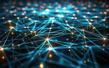Poster - Digital Concept Art of Futuristic Network Matrix with Glowing Blue Nodes