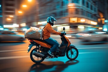 Motorbike Rider in City at Night with Blurred Background