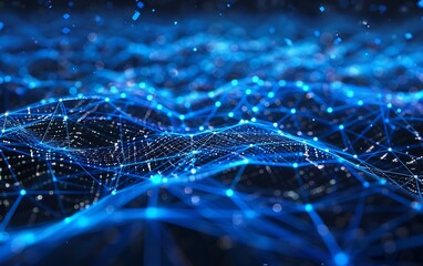 Poster - Abstract Digital Network of Glowing Blue Particles Connected by Light Threads