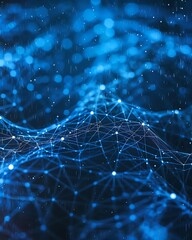 Poster - High-Tech Network Background with Blue Particles Forming a Digital Lattice