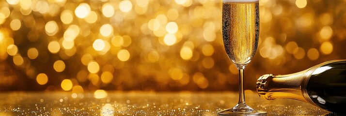 Aufkleber - Celebrating a special occasion with a sparkling wine flute and a bottle of champagne against a shimmering golden background. Generative AI